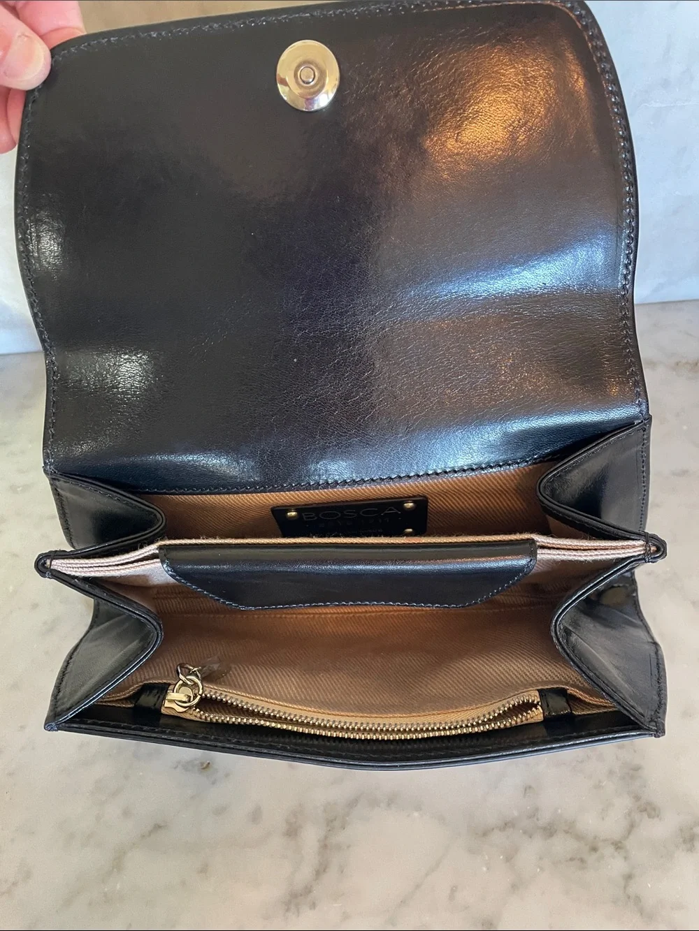 BOSCA Black Leather Italian Clutch with Silver Tone Logo Vintage